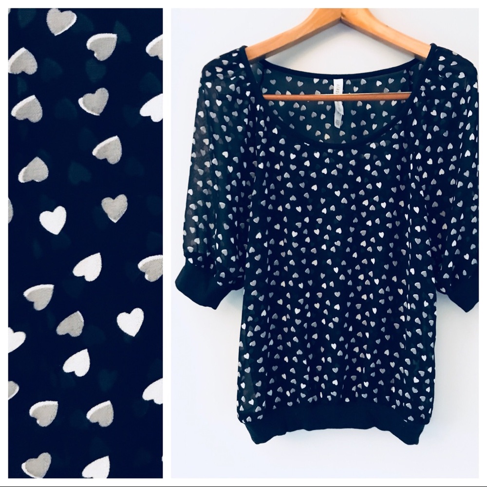 Semi-sheer heart print bishop sleeve blouse sz M